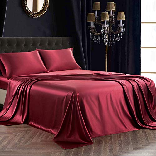 SiinvdaBZX Satin Queen Size Sheet Set Ultra Soft As Silk Burgundy 1 Fitted Sheet 1 Flat Sheet 2 Pillow Cases With Envelope Closure