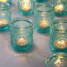 TripodBird 12 PCS Vintage Candle Holders - Glass Holder- Turquoise tealight Holders, Votive Bulk for Gift, Home/Office/Table/Room Decor Aesthetic Vintage, Festival, Multicolor