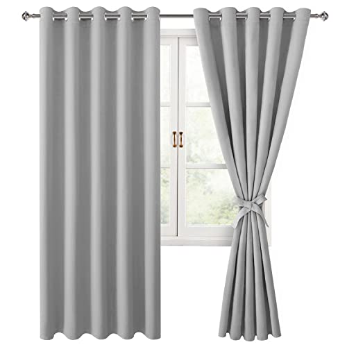 Hiasan Blackout Curtains for Bedroom, 60 x 84 Inches Long - Thermal Insulated & Light Blocking Window Curtains for Living Room/Kids Room, 2 Drape Panels Sewn with Tiebacks, Silver Grey