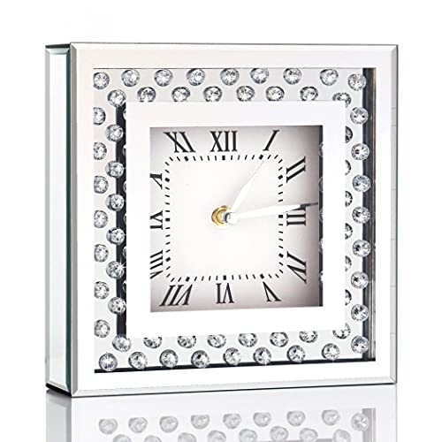 ALLARTONLY Silent Mirror Desk Clock, 8x8x2 Inch Crystal Sparkle Twinkle Bling Square Mirrored Table Top Decorative Clock with Diamond for Home Decoration, Silver