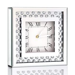 ALLARTONLY Silent Mirror Desk Clock, 8x8x2 Inch Crystal Sparkle Twinkle Bling Square Mirrored Table Top Decorative Clock with Diamond for Home Decoration, Silver