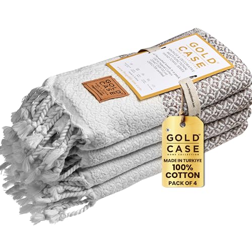 Gold CASE Turkish Hand Towels for Bathroom Set of 4 ??? 20 x 40'' ??? 100% Cotton Bathroom Towels ??? Aphrodite Kitchen Small Towel for Spa, Face, Tea & Dishcloth ??? Decorative Patterned Weave ??? Brown