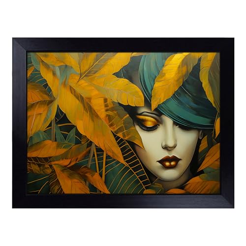 Lap Tray with Bean Bag Cushion, Leaf Art Deco Woman - Handmade in the UK, Raised Wooden Edge, Padded Cushion, Heat-Resistant Wipe-Clean Surface, for Meals, Laptops and Crafts