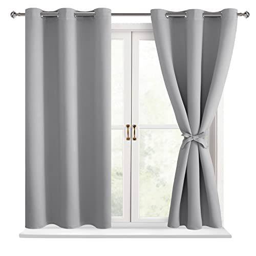 Hiasan Short Blackout Curtains for Bedroom - Thermal Insulated & Light Blocking Window Curtains for Living Room, 2 Drape Panels Sewn with Tiebacks, Silver Grey, 38 x 45 Inch