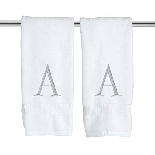 White with Silver Monogrammed Hand Towels for Bathroom - Set of 2 Letter A - Luxury Hotel Quality Initial Towels For Powder Room, Spa, GOTS Organic Certified