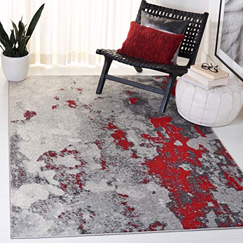 Safavieh Abstract Rug for Living Room, Dining Room, Bedroom - Adirondack Collection, Short Pile, in Red and Grey, 155 X 229 cm