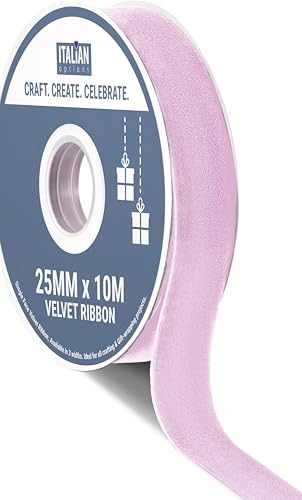 Italian Options Velvet Ribbon, Luxury, Single-Face Velvet Ribbon for Crafting, Christmas, Bows, Hair, Cakes, Weddings, Ornaments, Gift Wrapping, Flowers, 25mm x 10 Metre Roll, Vintage Lilac
