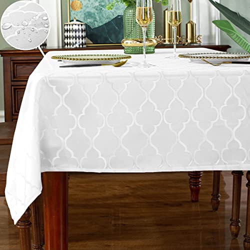 "Jacquard Tablecloth Rectangle Damask Pattern Table Cloth Spillproof Wrinkle Resistant Oil Proof Polyester Table Cover for Indoor and Outdoor Use (Rectangle/Oblong, 52"" x 70"" (4-6 Seats), White)"