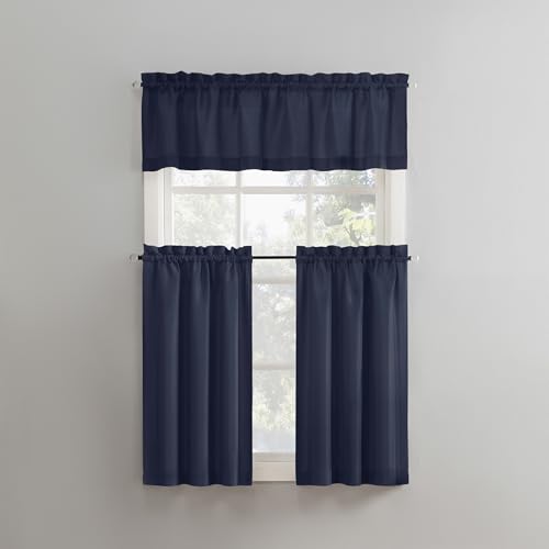 "No. 918 Martine Microfiber Semi-Sheer Rod Pocket Kitchen Curtain Valance and Tiers Set, 54"" x 36"", Navy Blue"
