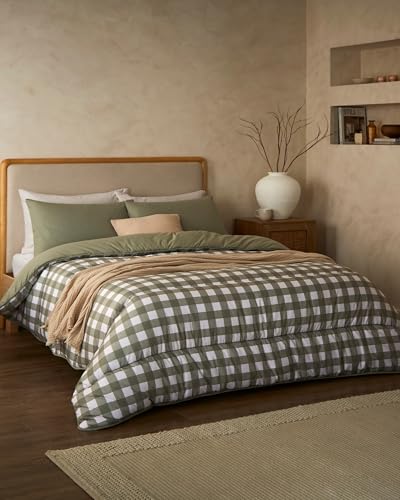 Night Lark Coverless Duvet and Pillowcase Set, Autumn Collection – Coverless Duvet Double 10.5 Tog with Advanced Smartfil® Fibre, Machine Washable, Hypoallergenic – Olive Gingham, Double Bed Size