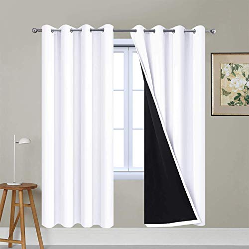 "Yakamok Pure White 100% Blackout Curtains 72 Inches Long 52"" Wide 2 Panel - Blackout Curtain Panels for Bedroom, 2 Thick Layers Grommet Top Thermal Insulated Drapes with Black Liner for Living Room"