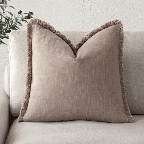 Foindtower Decorative Linen Fringe Throw Pillow Covers Cozy Boho Farmhouse Cushion Cover with Tassels Soft Accent Pillowcase for Chair Sofa Bed Living Room Home Decor, 16??16 Inch,1PC,Dusty Pink