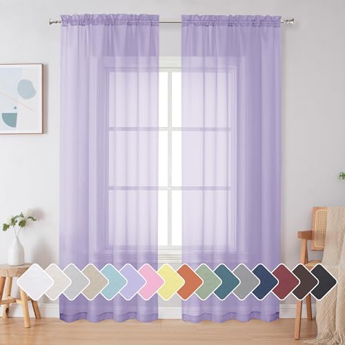 Simplebrand Lavender Sheer Curtains 83.9 inches in length, rod pocket with light filtering, sheer window curtain panels, elegant curtains and living room curtains,
