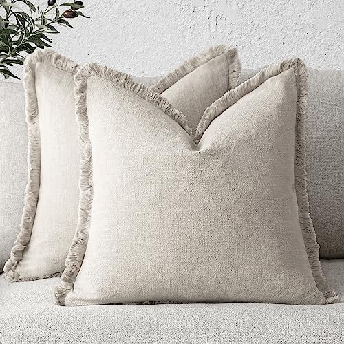 Foindtower Set of 2 Decorative Linen Fringe Throw Pillow Covers Cozy Boho Farmhouse Cushion Cover with Tassels Soft Accent Pillowcase for Couch Sofa Bed Living Room Home Decor, 16×16 Inch, Beige