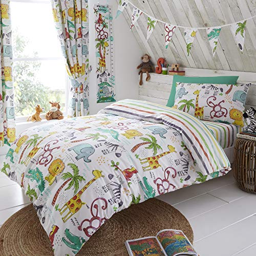 Happy Linen Company Kids Boys Girls Jungle Safari Animals Lion King Teal Reversible Single Bedding Duvet Cover Set