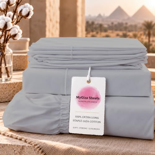 MyGiza Sheets 4 Pcs Twin XL Sheet Set, 100% Certified Giza Egyptian Cotton, Soft & Luxury Sheets fits 15 Inches Deep Mattress, Silver Grey