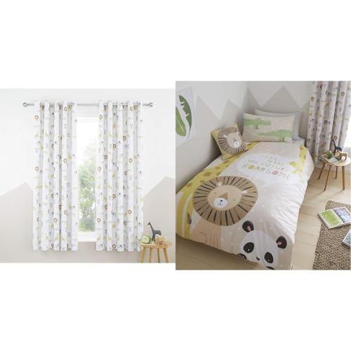 Catherine Lansfield Roarsome Animals 66x72 Inch Black Out Lined Eyelet Curtains Two Panels Natural & Roarsome Animals Reversible Junior Duvet Cover Set with Pillowcases Natural