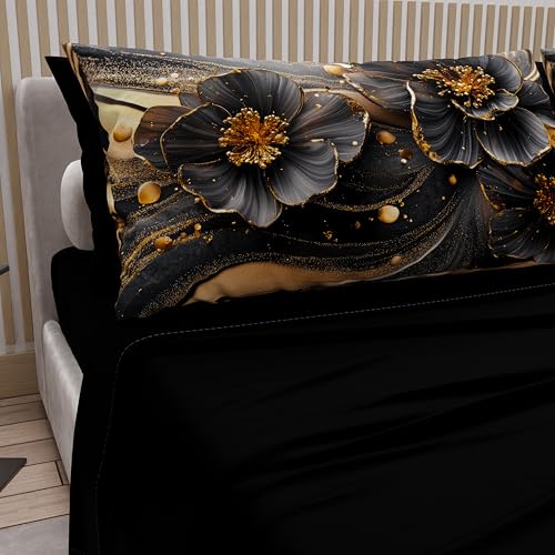 PETTI Artigiani Italiani - Cotton Sheets with Pillowcases in Digital Print, Double Maxi, Complete Top and Bottom Sheet with Corners, Floral 06 22 Black, 100% Made in Italy