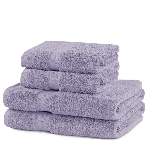 DecoKing Set of 4 Cotton Quality 525 g/m² 2 Hand Towels 50 x 100 cm and 2 Bath Towels 70 x 140 cm Purple Absorbent Marina