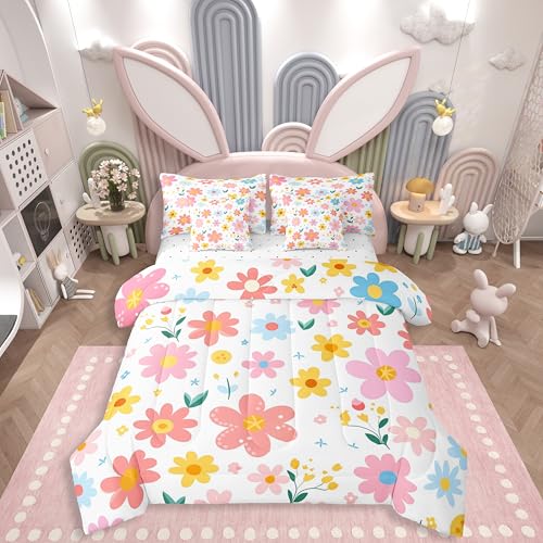 Feelyou Cute Flower 7 Piece Bedding Set Queen Size Kids Cartoon Cute Floral Bed in a Bag for Kids Girls Teens Toddler Yellow Pink Comforter Set with Sheets Kawaii Bed Set