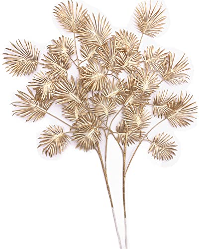 "Christmas Decor Artificial Gold Plants 30"" Tall 2 Pack, Faux Golden Fans Palm Leaves Plastic Fake Tropical Grass Flowers for Home Indoor Room Wedding Centerpiece Decoration Hall Table Vase Filler DIY"
