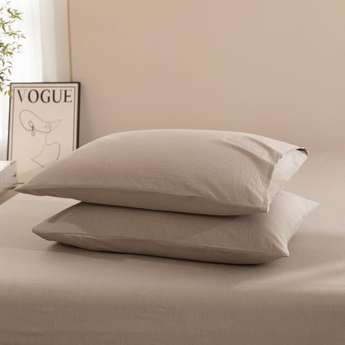 JIYUAN 100% Washed Cotton Pillowcases Set Envelope Closure Pack of 2, Linen Like Comfy and Breathable Textured Durable Bedding for All Seasons, King Size,Heathered Taupe
