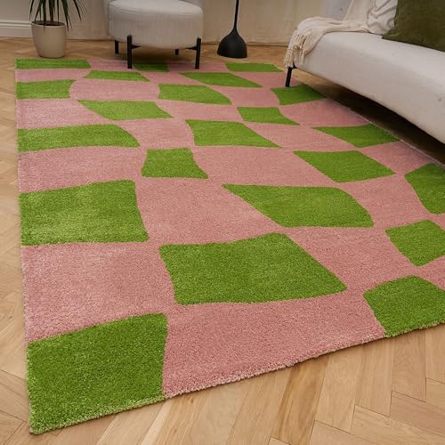 THE RUGS Joli Area Rug - Soft Dense Pile Modern Artistic Design, Durable & Easy Care Carpet for Living Room & Bedroom - Irregular Checkered Green & Pink, 80 x 150 cm