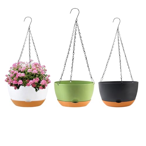KPUVX 3 Pack Plastic Hanging pots for Plants Indoor,10 Inch Plant Pot Indoor Outdoor Hanging Baskets
