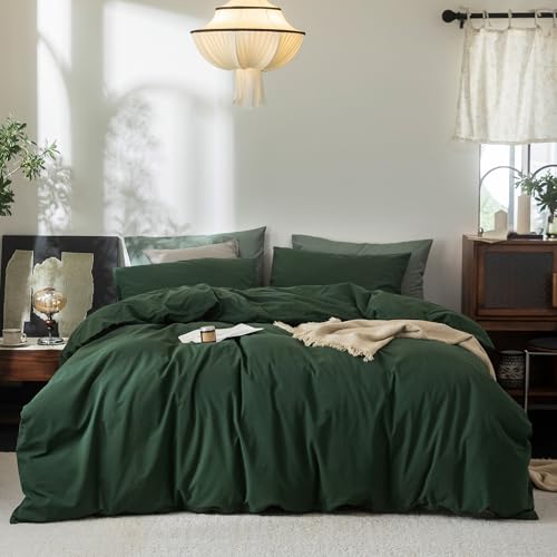 FOSSA Duvet Cover Set 100% Washed Cotton Linen Feel Super King - Super Soft Breathable Lightweight & All Season Bedding Set with Hidden Zipper & 8 Corner Ties (Forest Green)