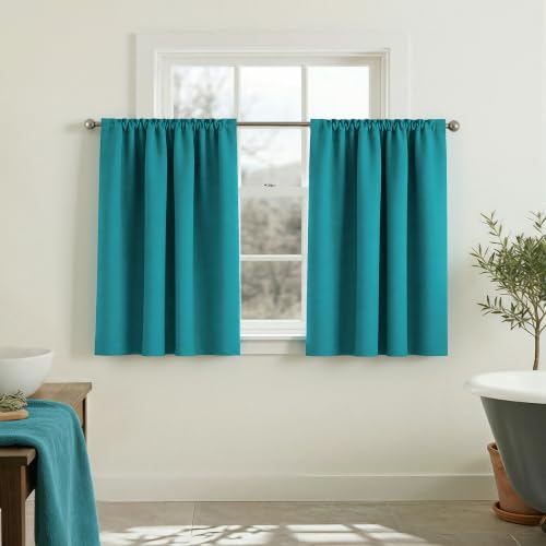 Mrs.Naturall Thermal Curtains Summer Heat for Kitchen,Teal Vintage Small Heat Blocking Window RV Curtains for Camper Bunk Beds Windows 2 Panel Sets 24 Inch Length