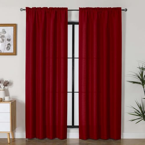 "Lecloud Bessie Red Christmas Curtains 84 Inches Long 2 Panels, Privacy Faux Linen Breathable Light Filtering Curtain, Rustic Dual Rod Pocket Window Drapes for Bedroom Livingroom, Each 40"" W x 84"" L"