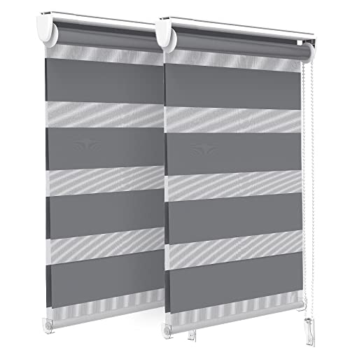 VOUNOT® Set of 2 Day and Night Blinds No Drill, Zebra Roller Blinds for Windows, Double Layer Translucent and Blackout Fabric, Easy Installation Window Shades, Grey, 50 x 150 cm