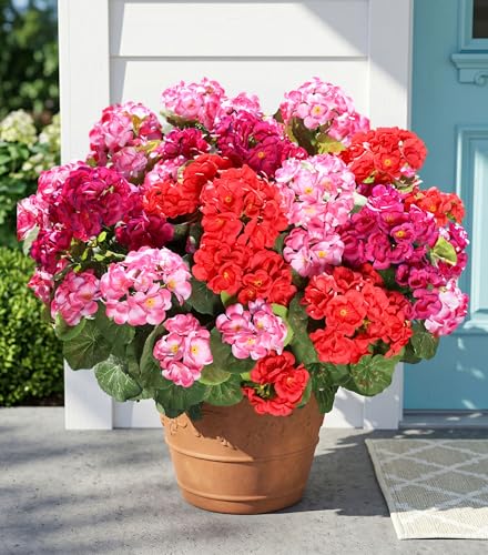 Fake Geraniums Artificial Flowers for Outdoors, 6 Bundles Silk Geraniums Flowers Realistic UV Resistant Fake Plants Faux Flowers for Outside Planters Front Door Garden Balcony Yard Porch Indoor, Mix