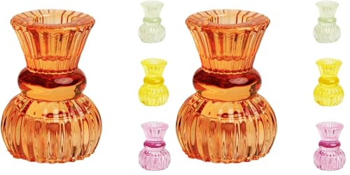 Talking Tables 1x Small Orange Ribbed Glass Candle Holder - 3 Tier Taper Candlestick Stand for Halloween, Home Décor, Parties, Events - Candlestick Holder 7.5cm Diameter (Pack of 2)