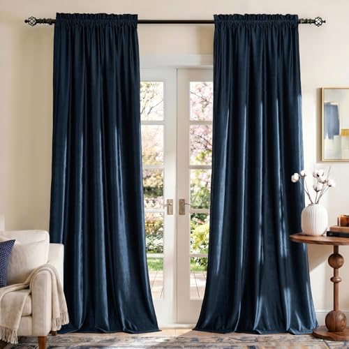 PRIMROSE Navy Blue Curtains 90 inch for Living Room Velvet Blackout Rod Pocket Window Drapes Treatment Semi Room Darkening Decorative Curtains for Bedroom Set of 2 Panels