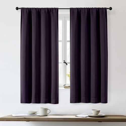 OWENIE Sally Blackout Curtains for Bedroom 63 Inch Length 2 Panels Set, Solid Thermal Insulated Room Darkening Rod Pocket Window Treatment Curtains Blackout Drapes, W40 x L63 Inch, Dark Purple