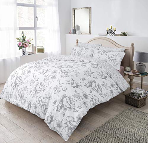 Sleepdown Floral Monochrome Grey Duvet Set - Super King Size Bedding Quilt Cover & Pillowcases Good Nights Sleep
