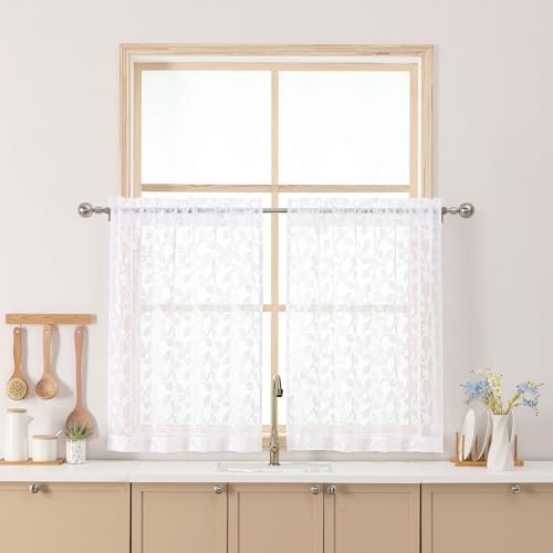 "Chyhomenyc White Sheer Curtains 30 Inch Length, Light Filtering Leaf Tufted Textured Small Window Kitchen Curtain Over Sink, Short Half Window Curtains for Bathroom Basement, 30"" Wx30 L, 2 Panels"