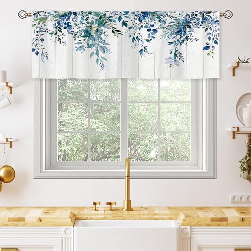 oolygoo Navy Blue Wooden Valances Kitchen Curtains Watercolor Flower Eucalyptus Botanical Leaves Window Drapes Floral Plants Bedroom Bathroom Living Room Treatment Tier 1 Panel 52Wx18H Inch