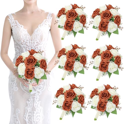 Artificial Bridesmaid Bouquets Set of 6 - Wedding Bouquet Burnt Orange Rose White Babys Breath 7 Inch Flower Bride Bouquet for Wedding Bridal Shower Centerpiece Ceremony Anniversary Decorations