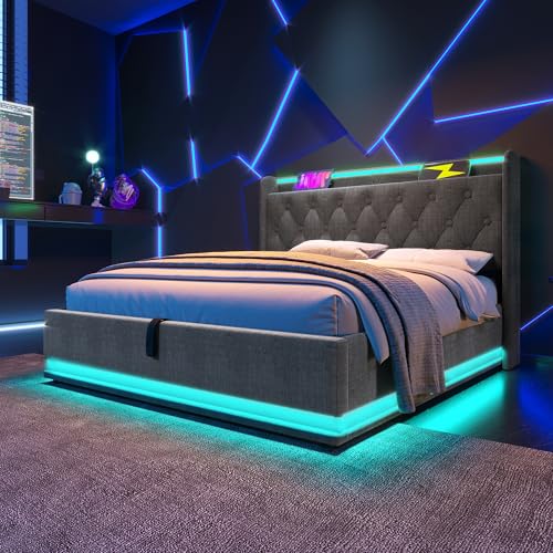 Ball & Cast Double size Ottoman Bed with 360 Surround Led Function,Hydraulic Storage Bed Frame with Large Storage Space, 4f6 Double size Bed Frame with Charging Function,135 x 190 CM,PU, Grey