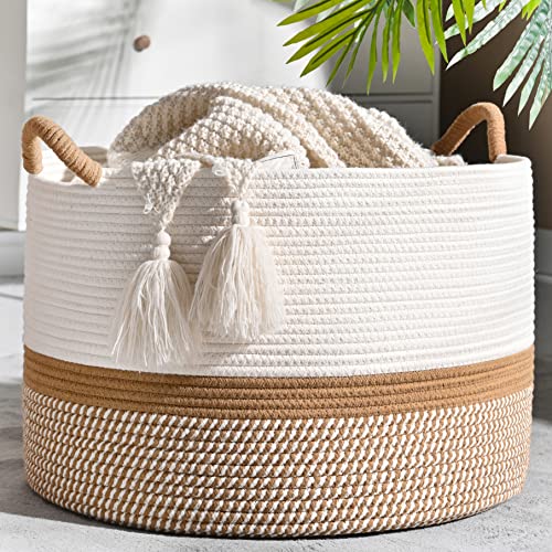 "KAKAMAY Large Blanket Basket (20""x13""),Woven Baskets for storage Baby Laundry Hamper, Cotton Rope Blanket Basket for Living Room, Laundry, Nursery, Pillows, Baby Toy chest (White/Brown)"