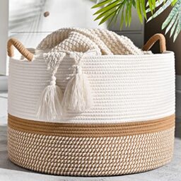 "KAKAMAY Large Blanket Basket (20""x13""),Woven Baskets for storage Baby Laundry Hamper, Cotton Rope Blanket Basket for Living Room, Laundry, Nursery, Pillows, Baby Toy chest (White/Brown)"