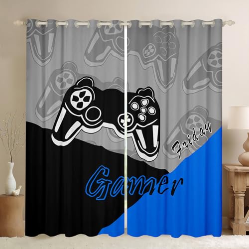 Feelyou Gamer Curtains for Bedroom Teens Boys Gaming Curtain Gamepad Home Decor Player Video Game Thermal Insulated Window Drapes Kids Grommet Treatment Black Blue Grey 42W X 63L 2 Panels