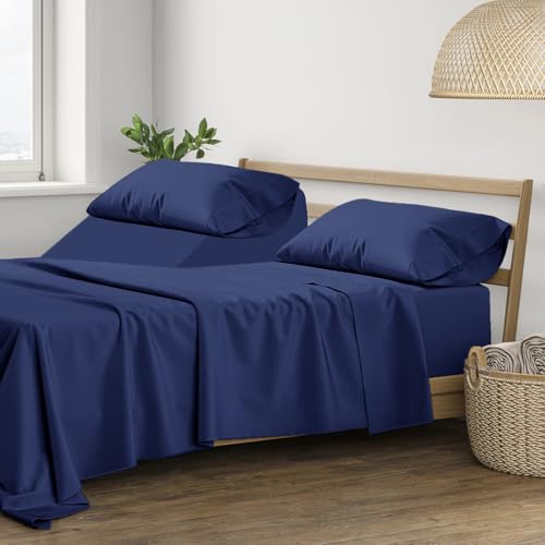 THREAD SPREAD Egyptian Cotton Sheets Split King Size - Luxury 400 Thread Count Split King Sheets for Adjustable Bed (5 PC, Navy Blue), Silky Soft, Cooling & Breathable Sateen Weave Hotel Bed Sheet Set
