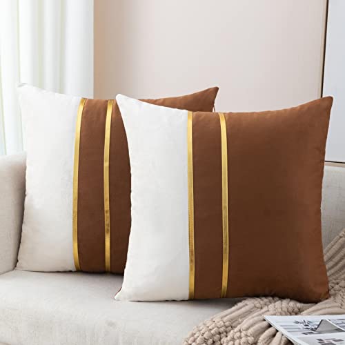 ZLINA Set of 2 Velvet Decorative Throw Pillow Covers Coffee Brown White Patchwork with Gold Leather Pillow Covers 24 ?? 24 Inch Cushion Covers Decor Living Room Sofa Bedroom Car