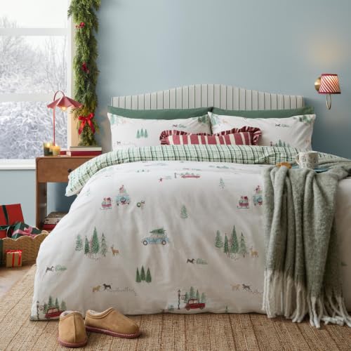 furn. Wylder Christmas Tree Lane Duvet Cover Set (Natural - Super King) - Reversible Festive Christmas Winter Forest 100% Cotton Checkered Bedding