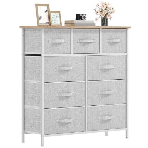 DWVO Chest of Drawers,Fabric Chest of Drawers Bedroom Cabinet with 9 Drawers,Dresser for Bedroom,Living Room With Handles,Wood Top and Sturdy Steel Frame,Light Grey