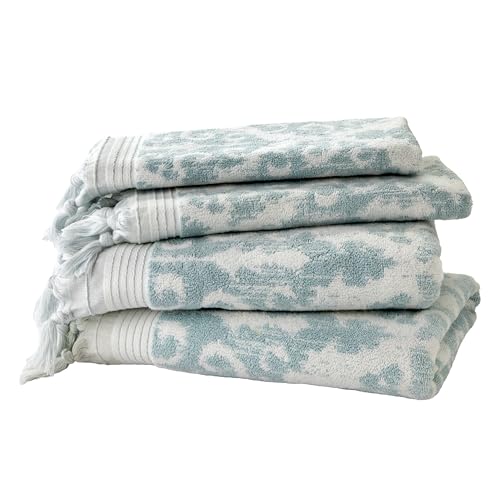 SKL Home Mirage Fringe 2 Bath, 2 Hand Towel Set, Aqua - 2 Bath towels, 2 hand towels. 640 GSM weight. Spa-level quality. Soft & absorbent, reversible jacquard with tassels.