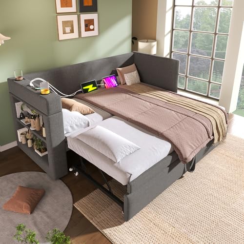 Ball & Cast 3ft Single Trundle Day Bed,Single Grey Upholstered Bed with Pull Out Bed,with Cup Holders,USB&Type C Charging Station,Side Storage,Slatted Frame,for Adults Children,Linen/90x190cm